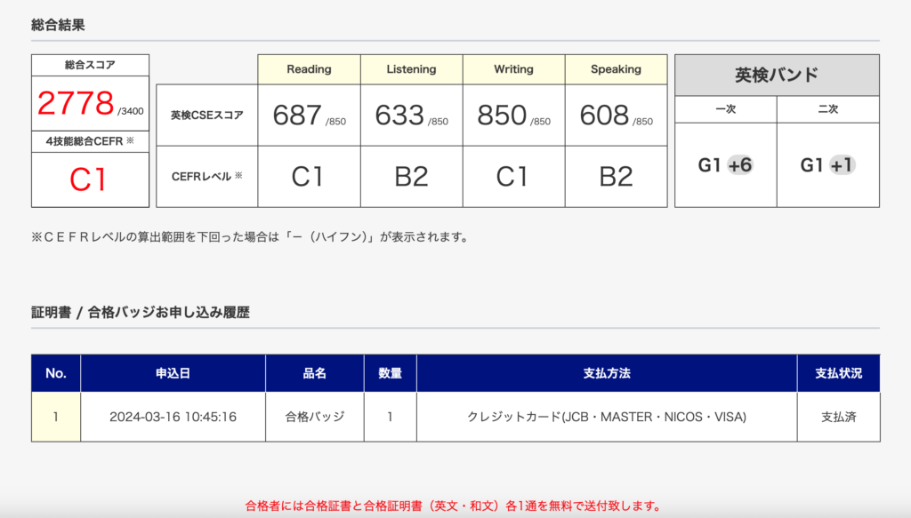 英検バッジを購入した後のウェブ画面(英検1級)