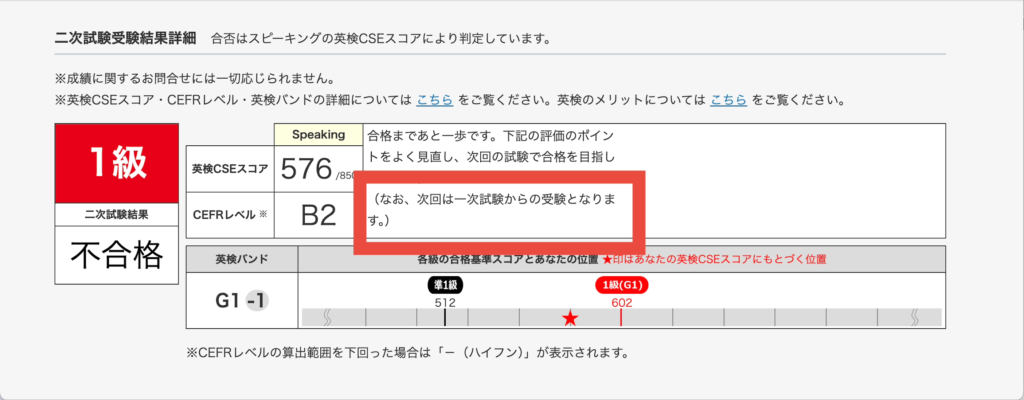 私が英検1級で一次免除の最終回でも面接に落ちた時の結果表 (2020年秋)。赤枠で囲んだところの記述がジワジワくる。